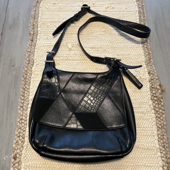 NINE WEST Black Faux Leather Patchwork Crossbody Messenger Bag Purse - Picture 1 of 14